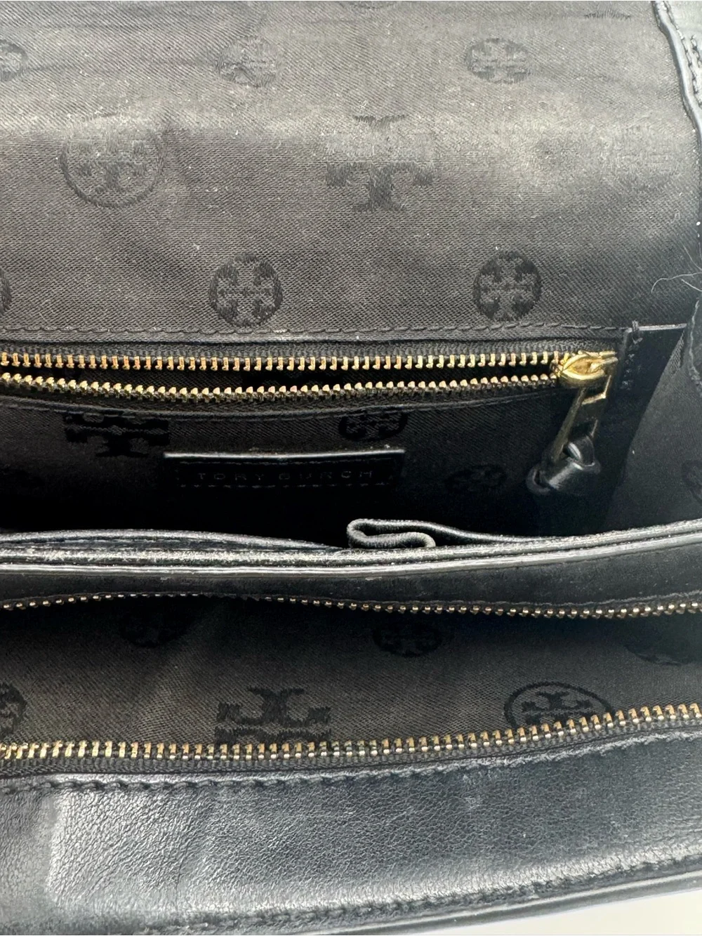 Tory Burch Black Quilted Leather Chevron Crossbody Shoulder Bag Gold Chain